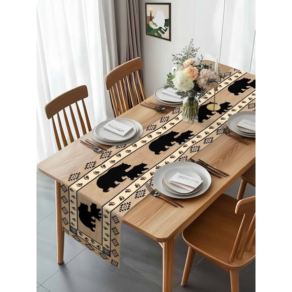 Autumn Black Bear Footprints Table Runner 13x70in Non-Slip Cotton Linen Table Runners, Geometric Boho Artwork Dresser Scarves TableRunner for Dinner Kitchen Dining Wedding Party
