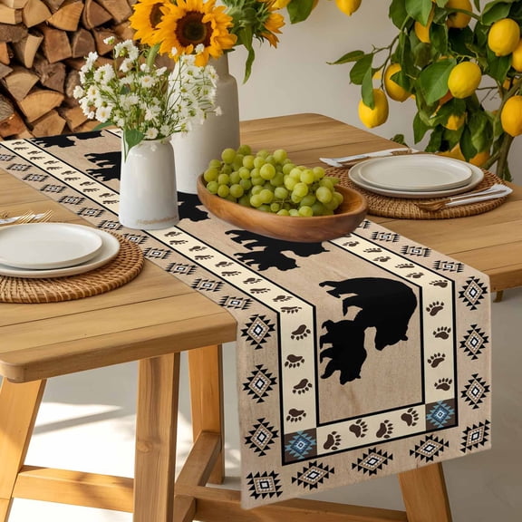 Autumn Black Bear Footprints Table Runner-36 Inch Long Geometric Boho Artwork Table Runners Linen Burlap Tablerunner for Kitchen Dining Room Holiday Party