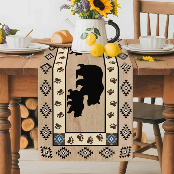 Autumn Black Bear Footprints Table Runner 36 Inches Long, Geometric Boho Artwork Table Runners Tabletop Scarf Kitchen Dining Tables Decoration for Home Party Indoor Outdoor