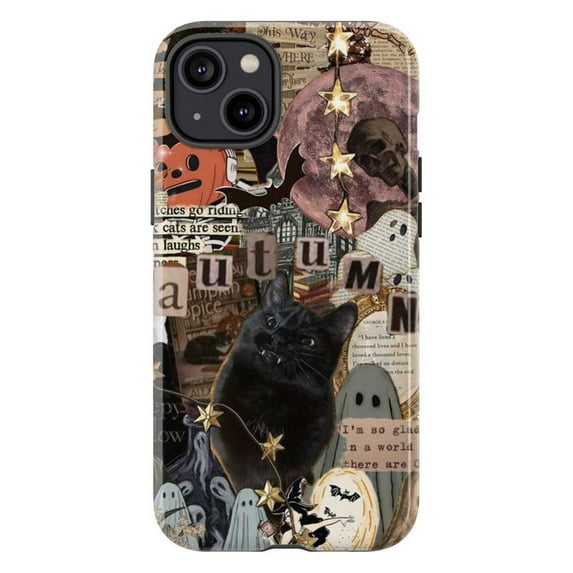 Autumn Black Cat & Ghost Collage Phone Case, Vintage Halloween Stars & Newspaper Aesthetic Cover for iPhone 17 16 15 14 13 12 11 Pro Max Plus Mini