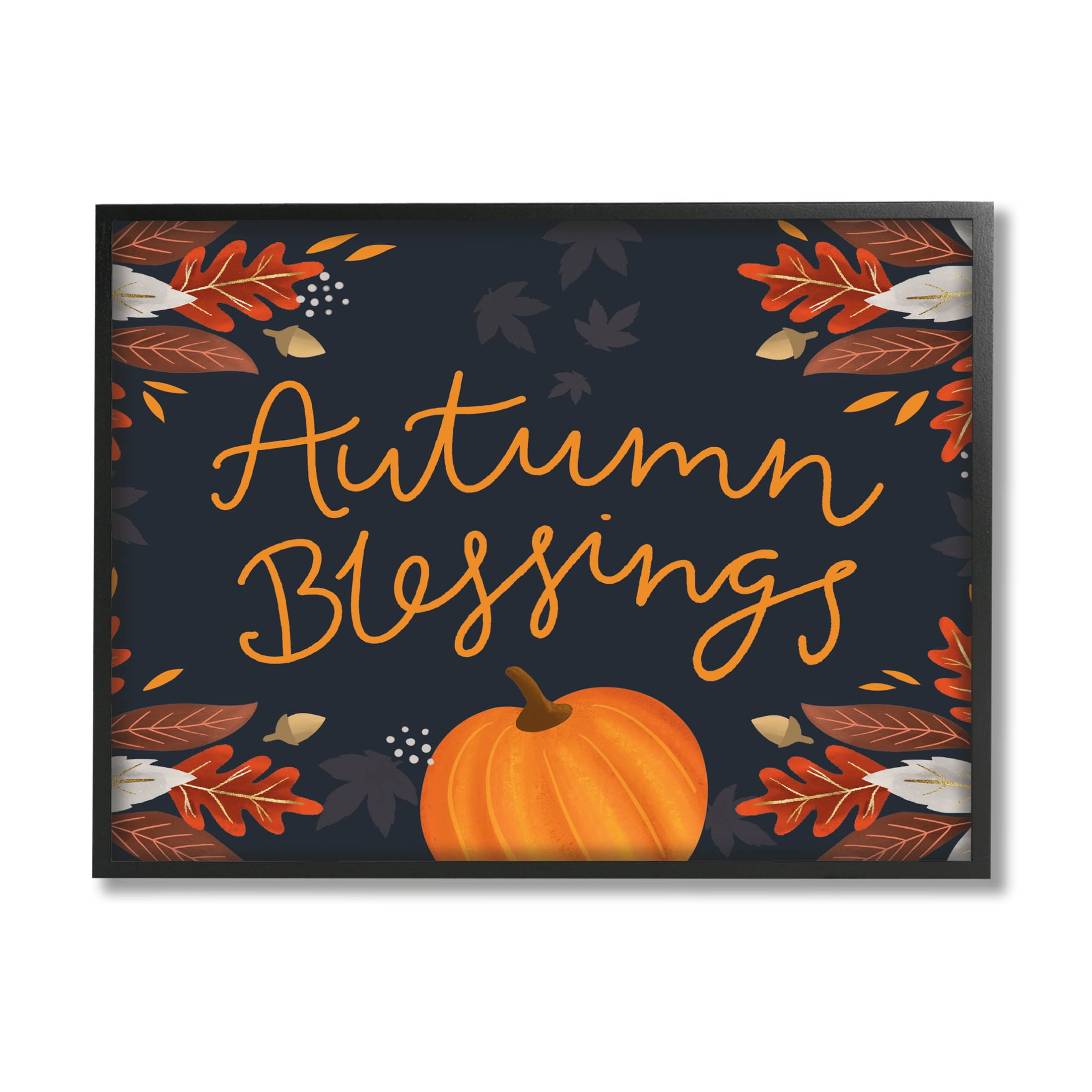 Autumn Blessings Fall Leaves Pumpkin Holiday Graphic Art Black Framed Art Print Wall Art