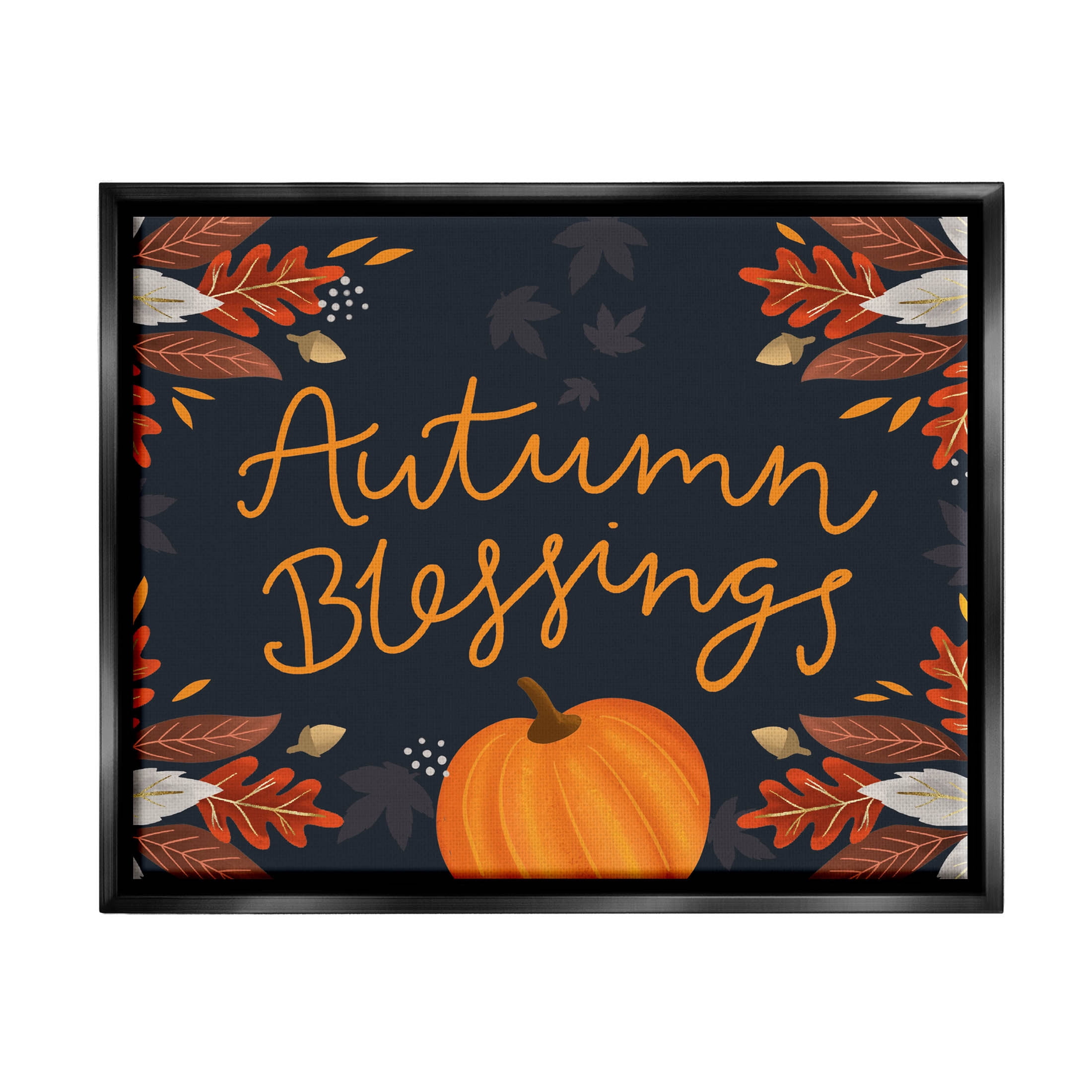 Autumn Blessings Fall Leaves Pumpkin Holiday Graphic Art Jet Black Framed Art Print Wall Art