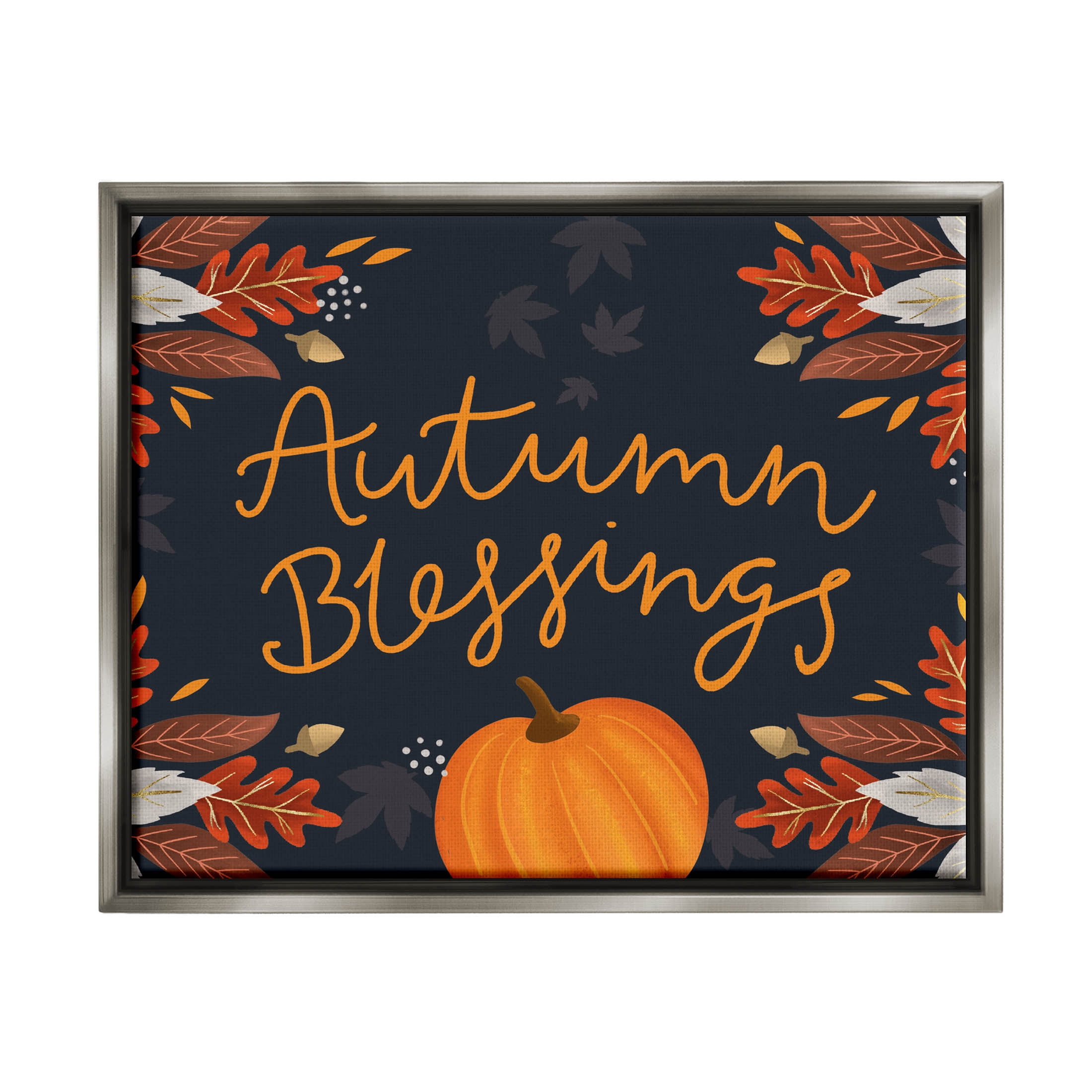 Autumn Blessings Fall Leaves Pumpkin Holiday Graphic Art Luster Gray Framed Art Print Wall Art