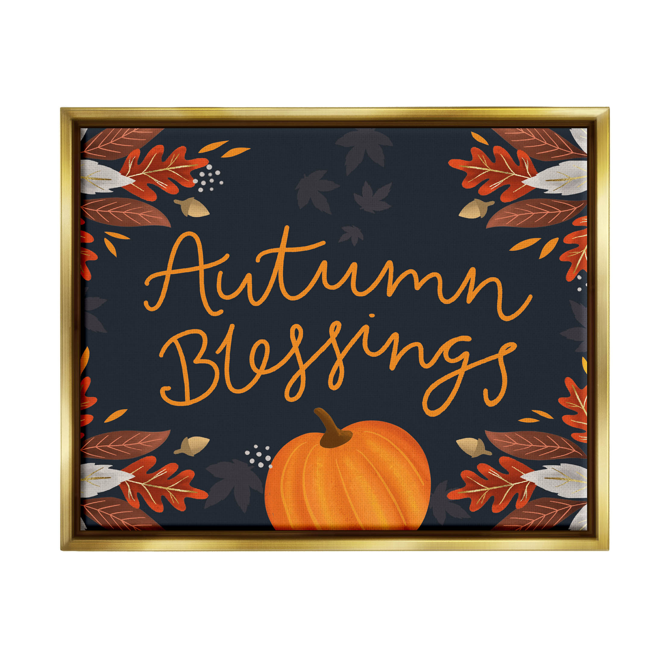 Autumn Blessings Fall Leaves Pumpkin Holiday Graphic Art Metallic Gold Framed Art Print Wall Art
