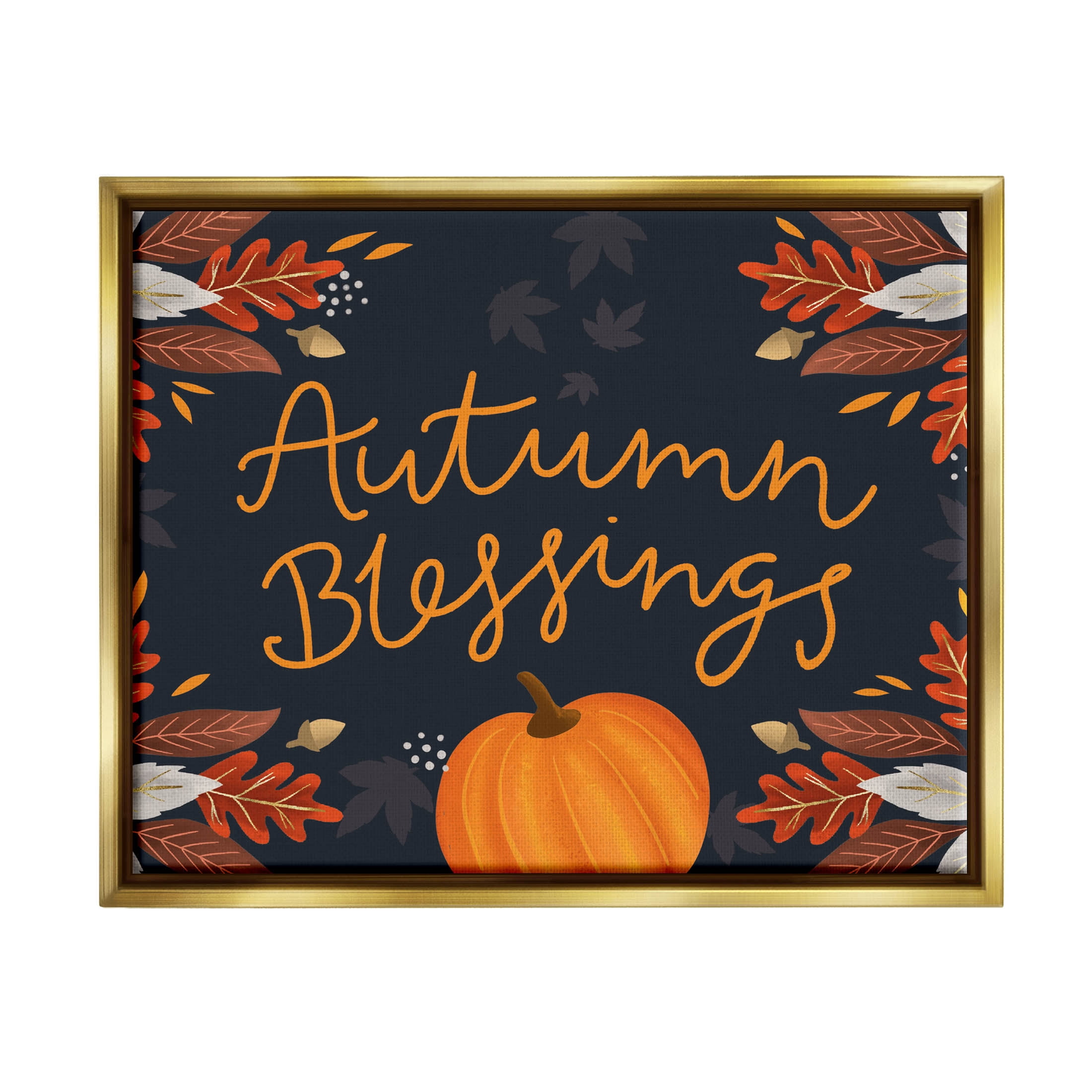 Autumn Blessings Fall Leaves Pumpkin Holiday Graphic Art Metallic Gold Framed Art Print Wall Art