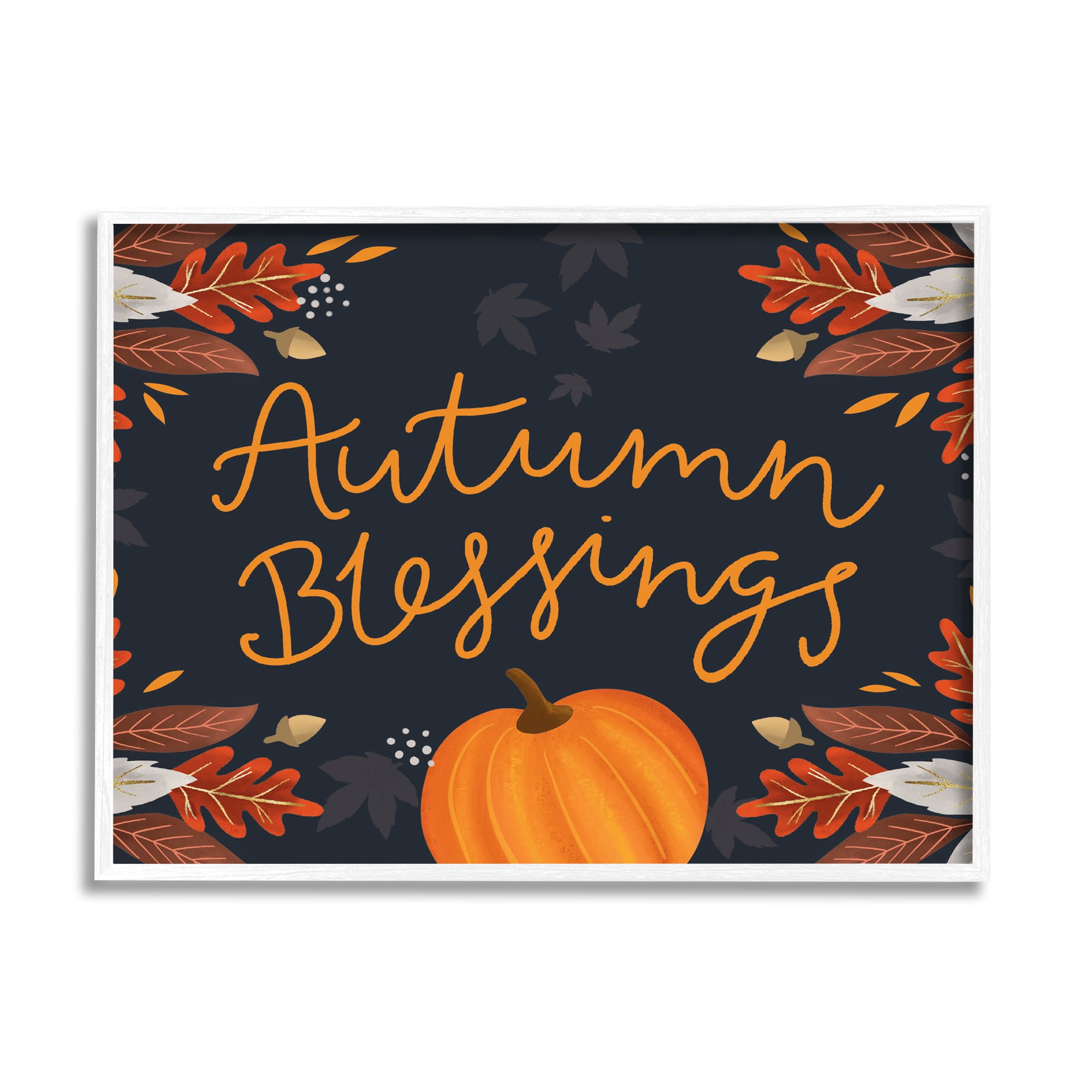 Autumn Blessings Fall Leaves Pumpkin Holiday Graphic Art White Framed Art Print Wall Art