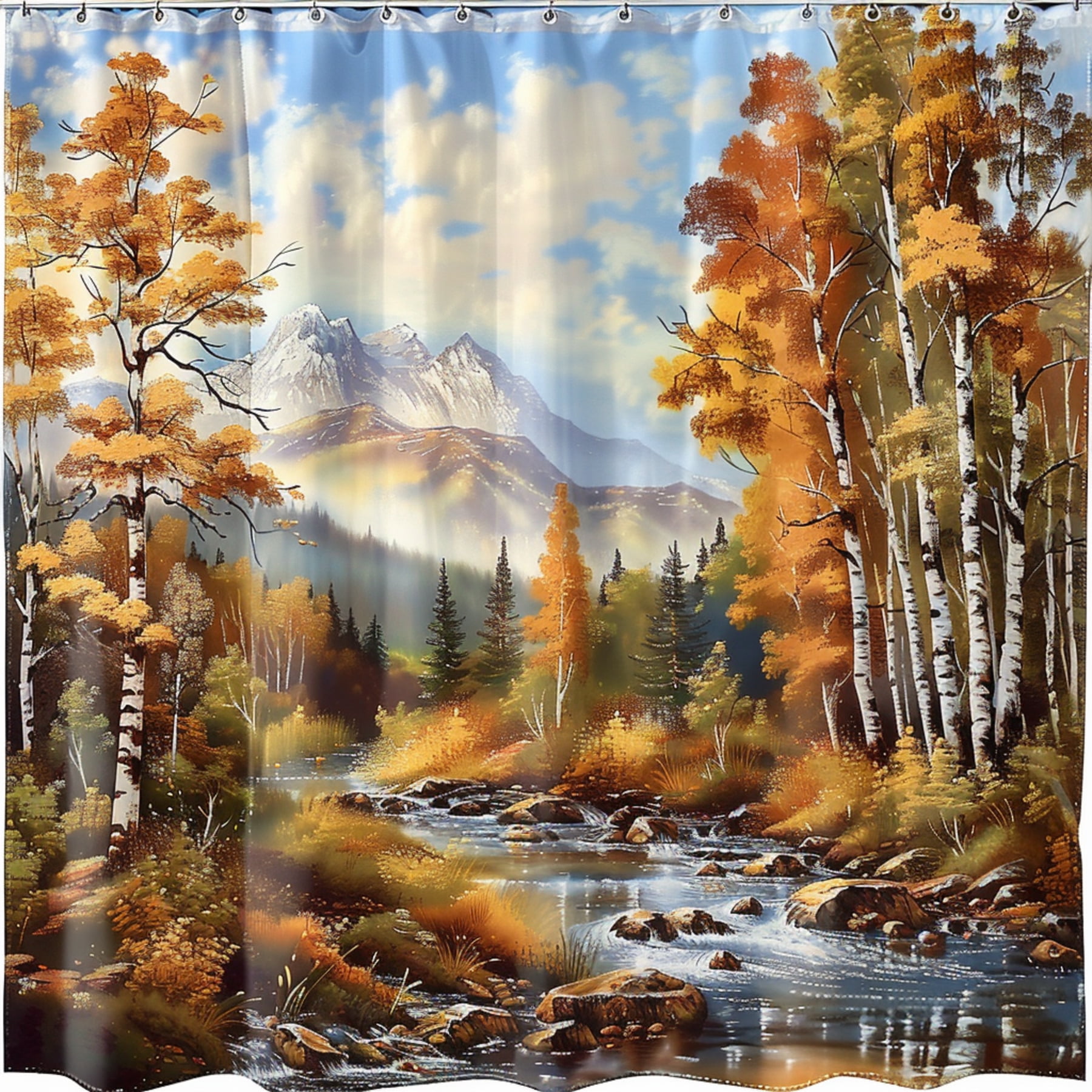 Autumn Bliss Birch Tree Forest River Shower Curtain Oil Painting Style