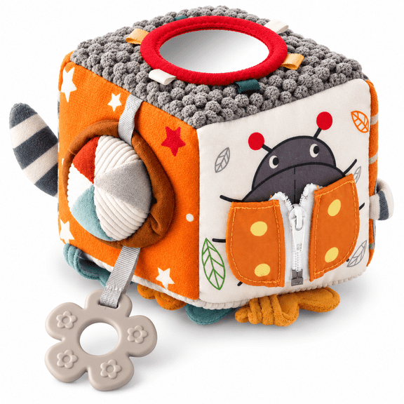 Autumn Bliss Co Activity Cube 8-in-1 Portable Soft Crinkle Cube Baby Teether with Mirror, Fine Motor Activities, Multicolor