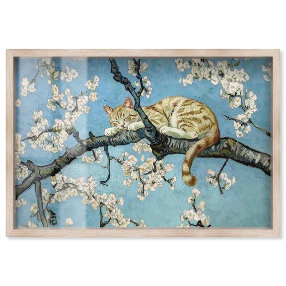 Autumn Blossom Kitten Shadowbox Print Modern Pet Art by Art Remedy, Blonde Frame, 54 x 36