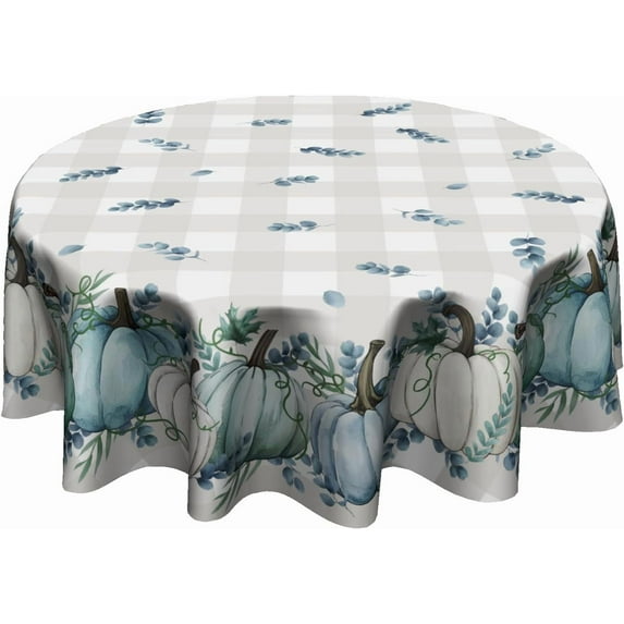 Autumn Blue Pumpkin Round Tablecloth Fall Leaves Blue Plaid Harvest Table Cloth 60 Inch Gray Pumpkin Thanksgiving Table Cover Reusable Polyester for Kitchen Dining Home Outdoor Decoration