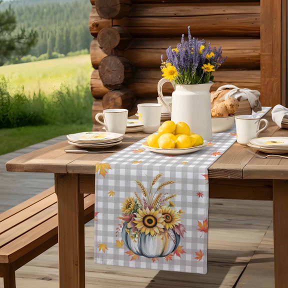 Autumn Blue Pumpkins Sunflowers Leaves Table Runner 13x90in Non-Slip Cotton Linen Table Runners, Grey Buffalo Plaid Dresser Scarves TableRunner for Dinner Kitchen Dining Wedding Party
