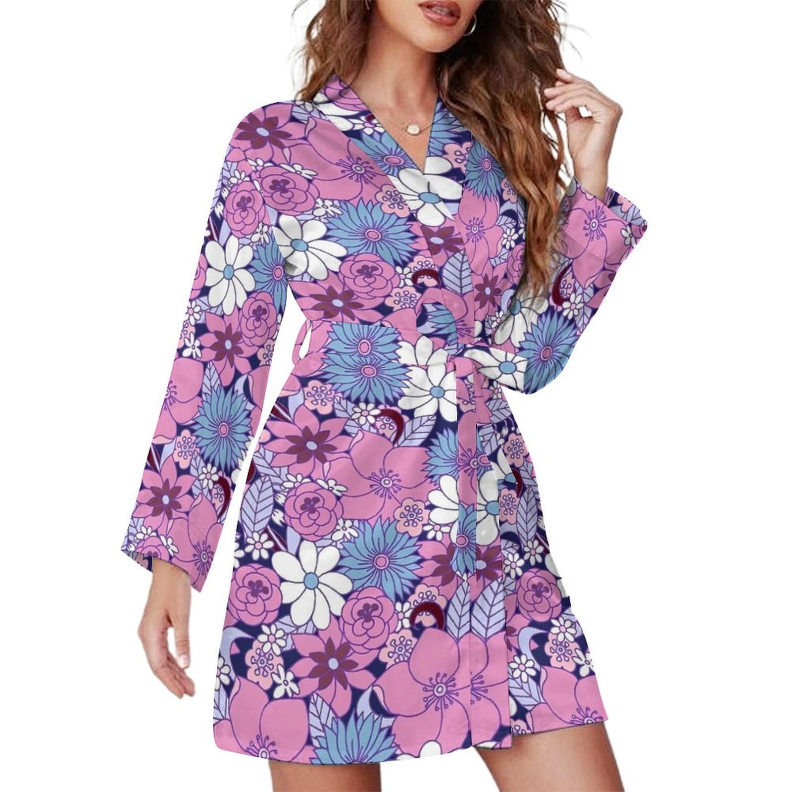 Autumn Boho Floral Pajama Robe Female Flowers Print Bedroom Bathrobe ...