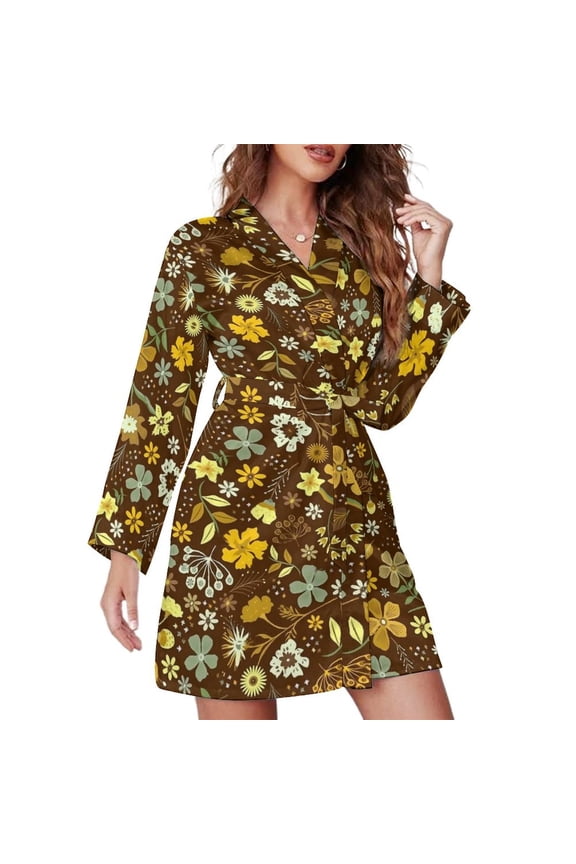 Autumn Boho Floral Pajama Robe Female Flowers Print Bedroom Bathrobe Long Sleeves V Neck Design Pajamas Robes Spring Dresses