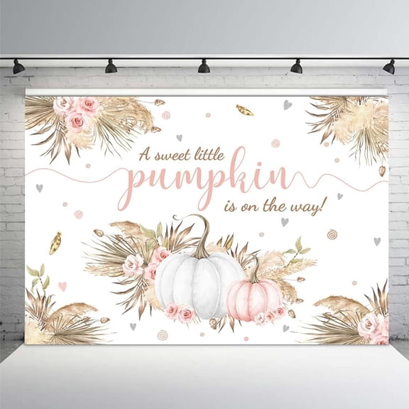 Autumn Boho Little Pumpkin Pink Pretty Backdrop for Girl Baby Shower Fall Leaves Pampas Grass Pink White Floral Background for Photography Party Decorations Banner Photo Booth Props