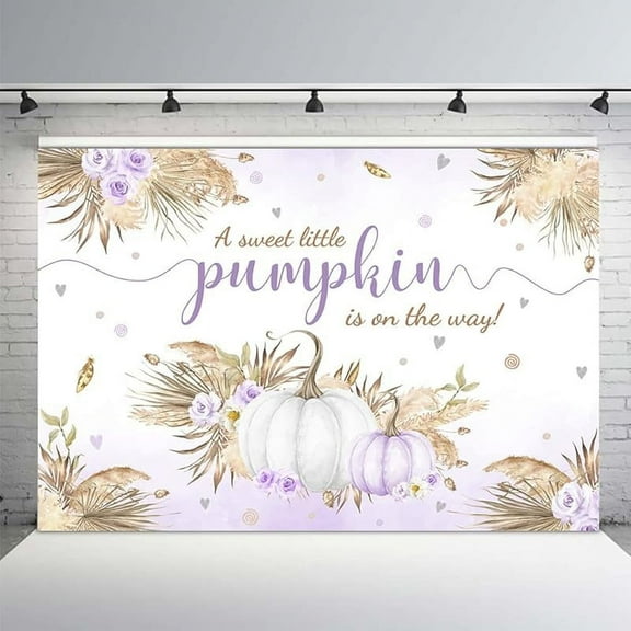 Autumn Boho Little Pumpkin Purple Pretty Backdrop Girls Baby Shower Fall Leaves Pampas Grass Purple White Floral Background for Photography Party Decorations Banner Photo Booth Props