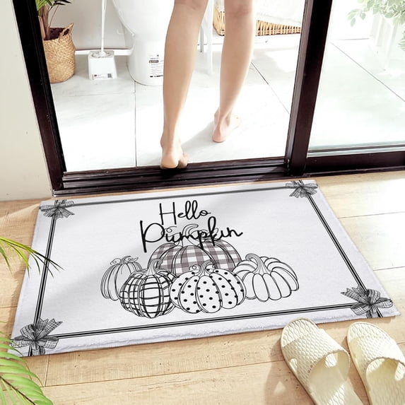 Autumn Boho Polka Dot Pumpkin Black Monochrome Sketch Indoor Doormat Front Door Mat, Thanksgiving Fall Pumpkins Welcome Mat Entrance Door Mat Non-Slip Floor Mat for Bathroom Shower