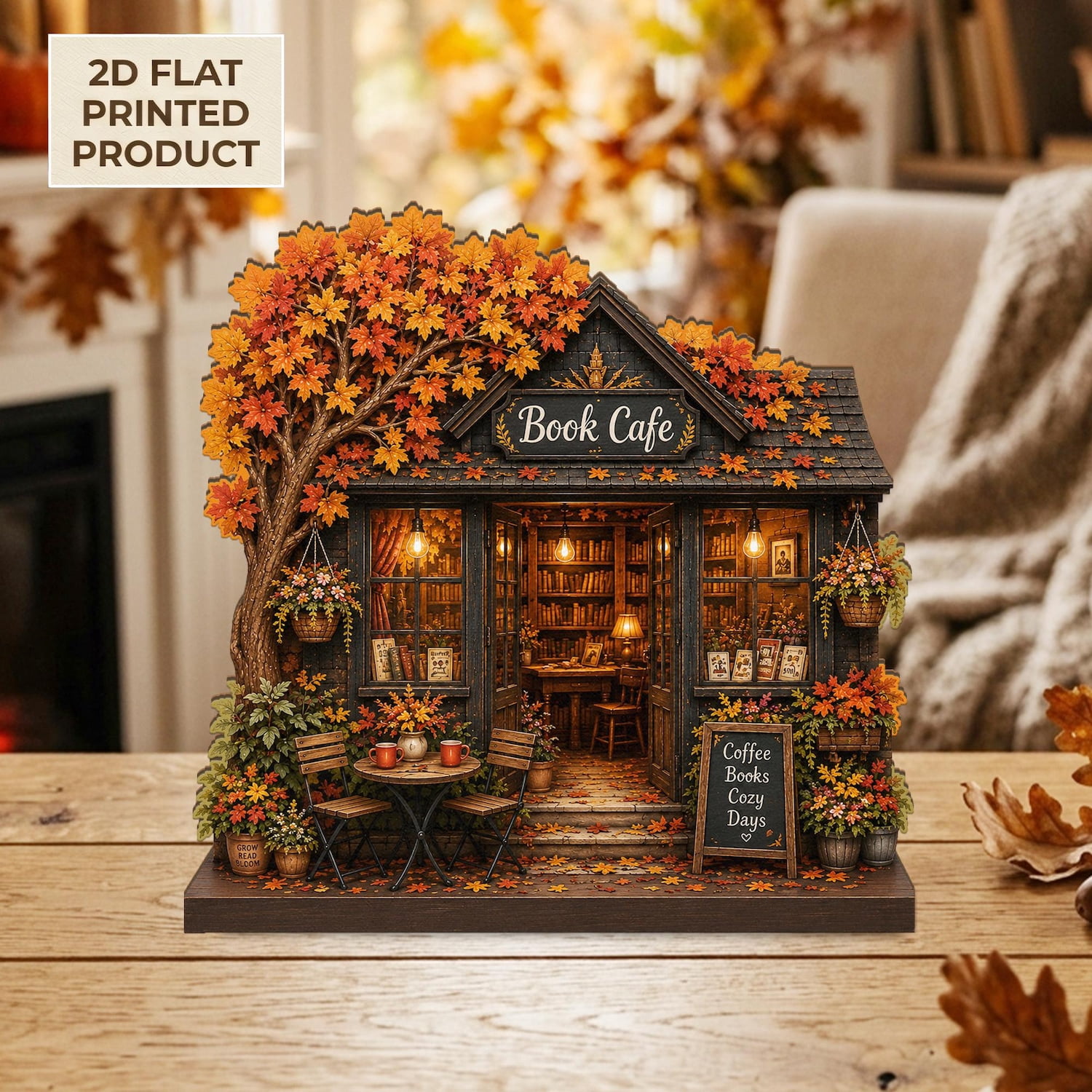 Autumn Book Café 2D FLAT Wooden Block Decor, Cozy Coffee Bookshop Shelf ...