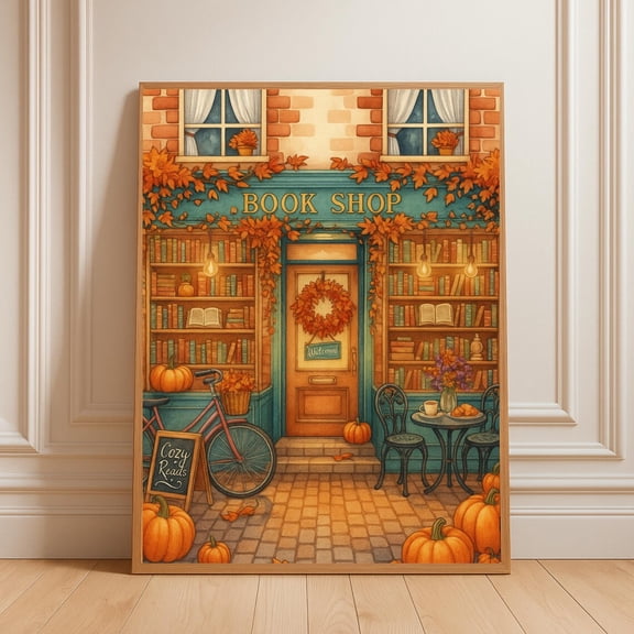 Autumn Bookshop Art Poster Cozy Vintage Bookstore Illustration, Unframed Poster Size 12x18 F03.1.21l622