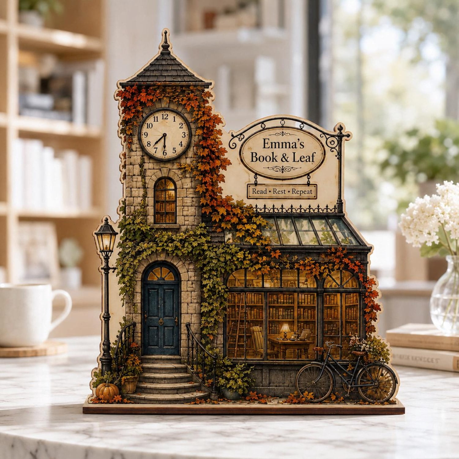 Autumn Bookshop Wooden Block, Library 2D Flat Sign, Cozy Fall Reading ...