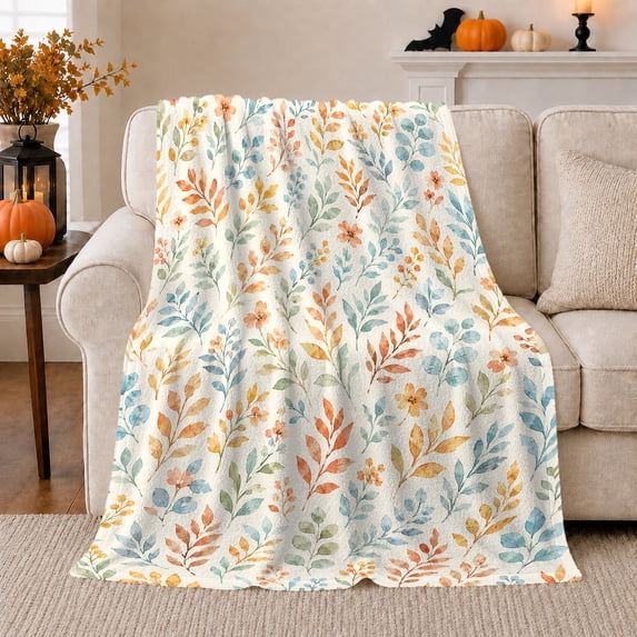 Autumn Botanical Leaf Pattern Burnt Orange Watercolor, Cozy Botanical Garden Scene, Warm Flannel Blanket for Sunroom and Reading Nook, Garden Lovers Thanksgiving Gift, Botanical Home Decor