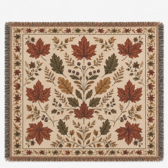 Autumn Botanical Leaves Cream Rust and Olive Woven Throw Blanket, 100% Cotton with Fringed Edges, Home Decor