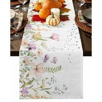 Autumn Botanical Table Runner-Cotton Linen- 70 Inch Holiday Dresser Scarves, Fall Flower Floral Eucalyptus Leaves Birds Tablerunner for Kitchen Coffee/Dining Living Room Dinner Scarf Décor 13x70
