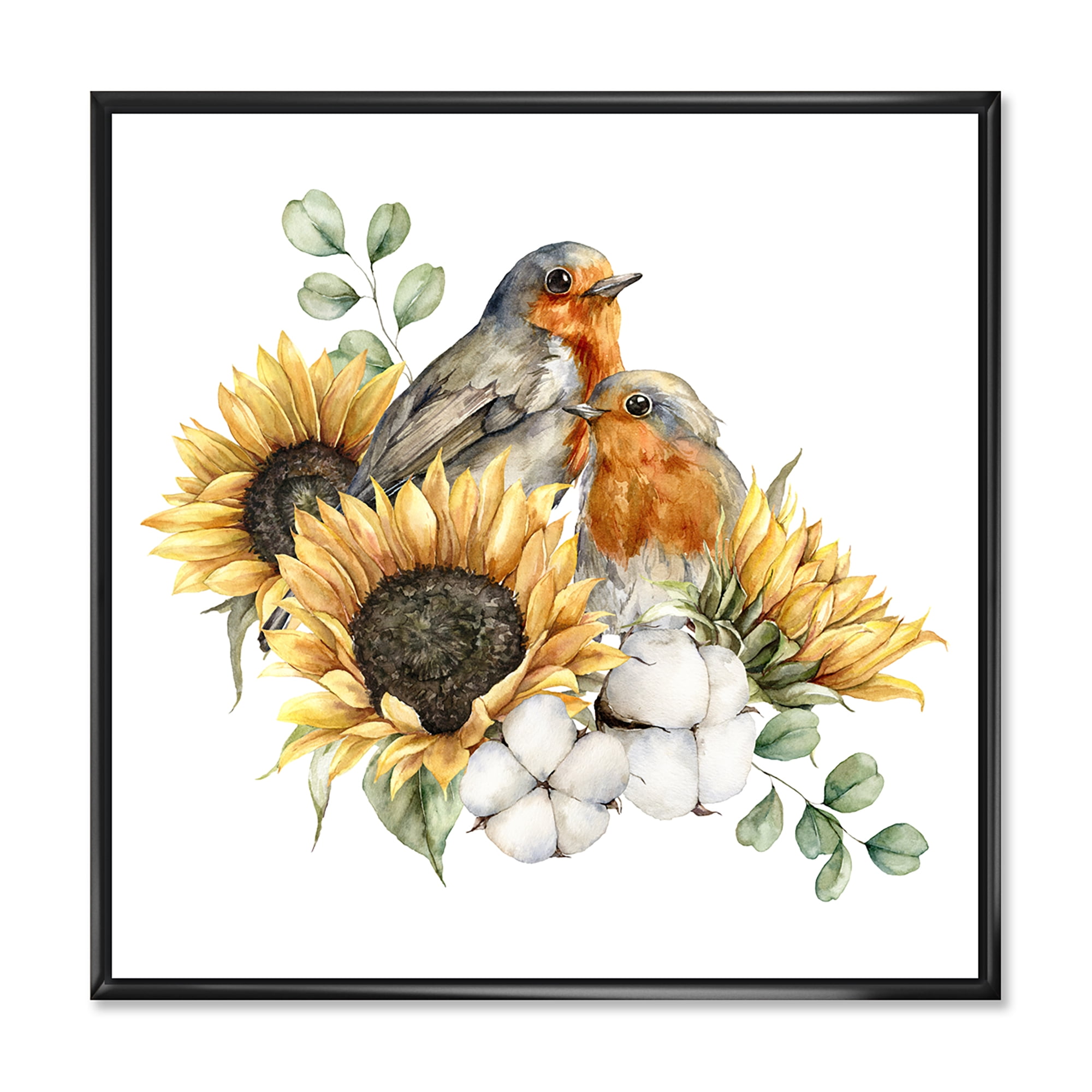 Autumn Bouquet With Robin Redbreasts Sunflowers Cotton 30 in x 30 in Framed Painting Canvas Art Print, by Designart