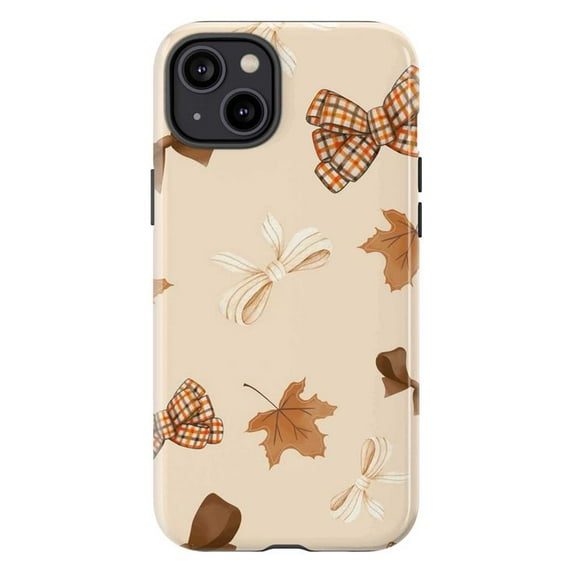 Autumn Bow & Leaf iPhone Case for iPhone 16 15 14 13 12 11 Pro Max Mini – Fall-Inspired Beige Protective Hard Cover with Plaid and Cream Bows, Maple Leaves Design