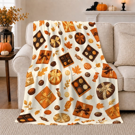 Autumn Boxes Chocolates, Festive Artistic Scene, Warm Flannel Blanket for Home Library and Reading Nook with Detailed Artwork, Art Lovers Thanksgiving Gift, Artistic Home Decor