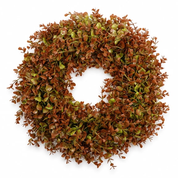 Autumn Boxwood Leaves Wreath Artificial Fall Wreath for Farmhouse Front Door, Autumn Harvest Thanksgiving Decor, Orange-Green, 18 in