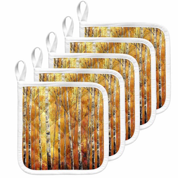 Autumn Branch Tree Pot Holders for Kitchen Heatproof Potholder, 5 Pack Fall Yellow Forest Vintage Oil Painting Hot Pads Multipurpose Oven Pads Cloth Potholders Trivet for Cooking Baking