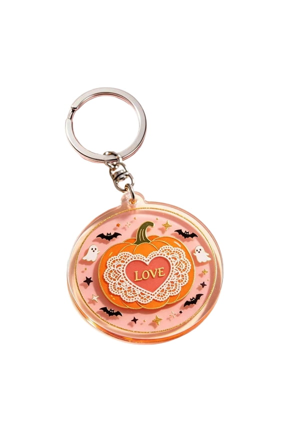 Autumn Bridal Shower Favor Decor Charms, 6 Pack Pink Lace Pumpkin Heart Acrylic Keychain, Bag Hanging Pendants for Fall Wedding Halloween Themed Party Gift