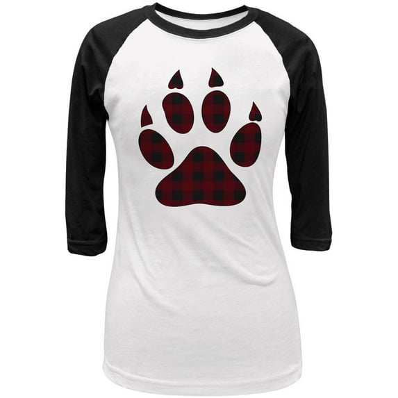 Autumn Buffalo Plaid Bear Claw Paw Juniors 3/4 Sleeve Raglan T Shirt White-Black LG