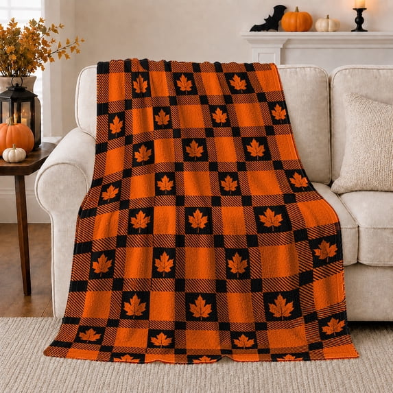 Autumn Buffalo Plaid Maple Leaf Living Room autumn celebration, Warm Flannel Blanket for Living Room and Reading Nook, Festive autumn celebration Scene, Art Lovers autumn celebration Gift