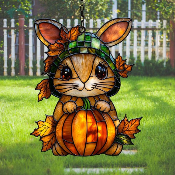 Autumn Bunny Acrylic Suncatcher, Pumpkin Fall Window Hanging, Cute Rabbit Acrylic Art, Thanksgiving Decor, Fall Gift for Animal Lovers
