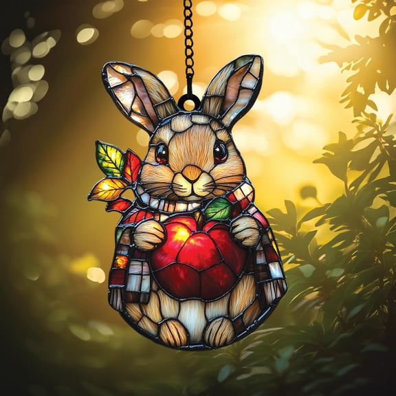 Autumn Bunny Acrylic Suncatcher fullxfull Cozy Fall Window Hanging with Plaid Scarf and Forest Stone, Cute Woodland Animal Decor for Rustic Nature