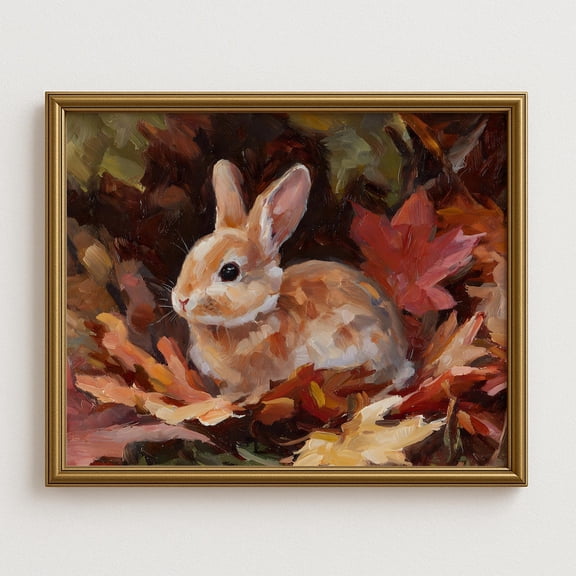 Autumn Bunny Wall Art, Cute Rabbit In Fall Leaves, Cozy Woodland Animal Print, Rustic Cottagecore Farmhouse Autumn Decor Home Decor UNFRAMED Poster, Wall Art for Decor, Present, 8x12