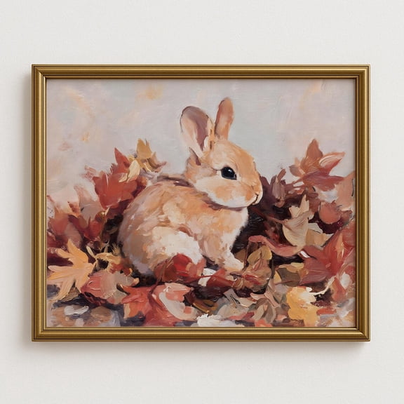 Autumn Bunny Wall Art Print, Cute Rabbit With Fall Leaves, Cozy Woodland Animal Nursery Decor, Rustic Cottagecore Artwork Home Decor #1026, Unframed Poster Size 8x12