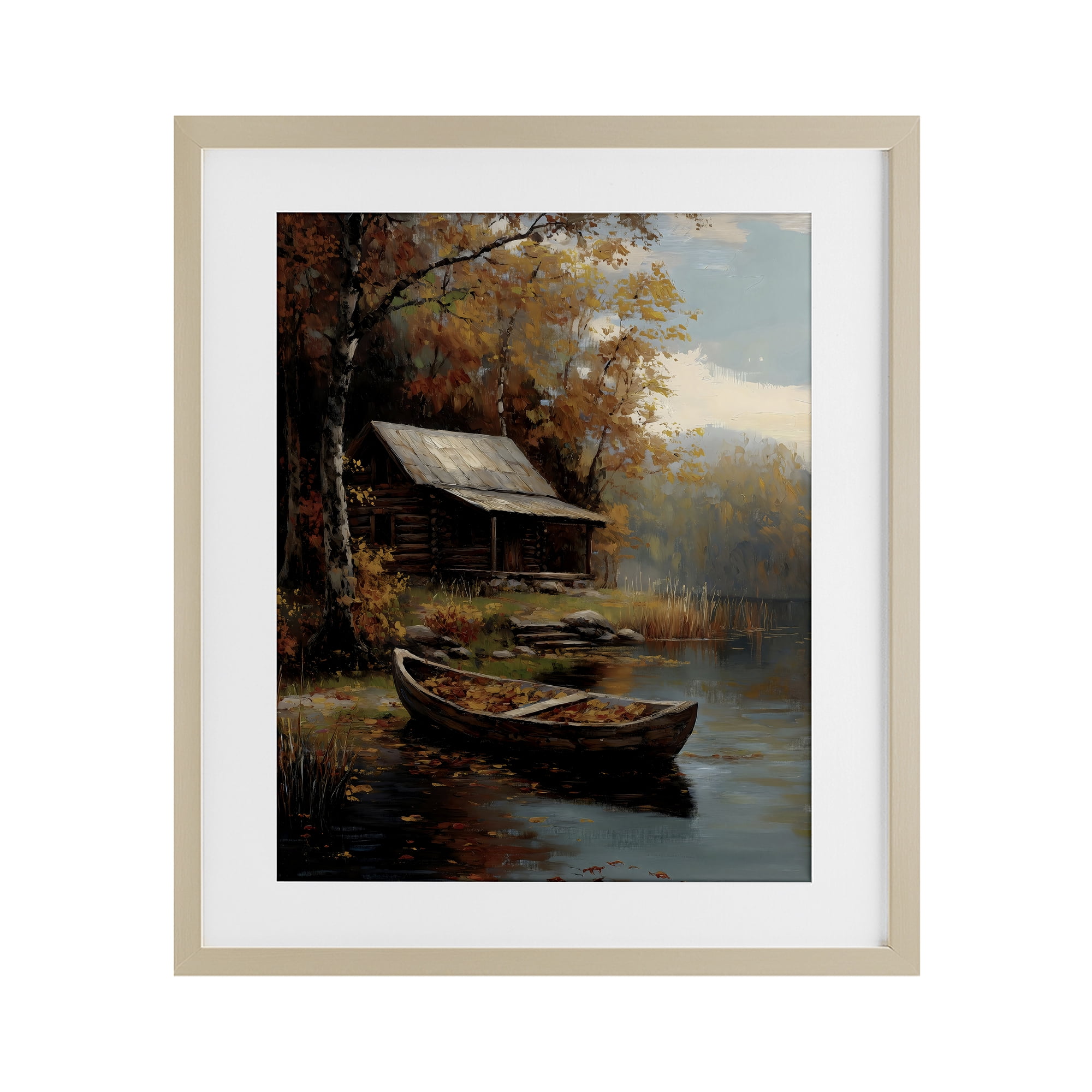 Autumn Cabin Canoe with Leaves Birch Framed Print Under Glass, design by Arlington Prints