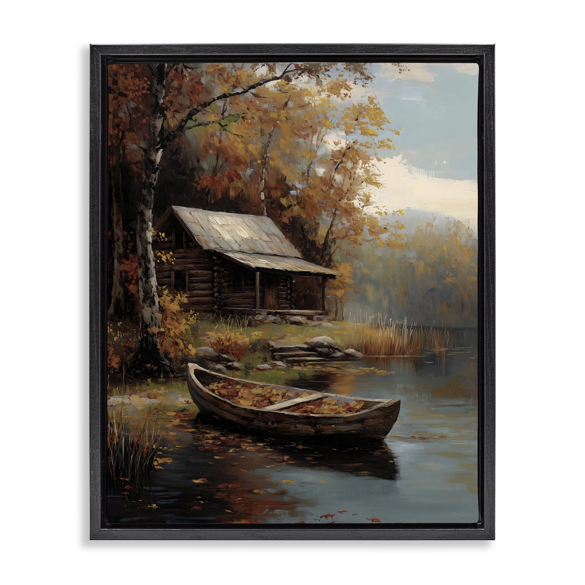Autumn Cabin Canoe with Leaves Black Framed Floater Canvas Wall Art, design by Arlington Prints