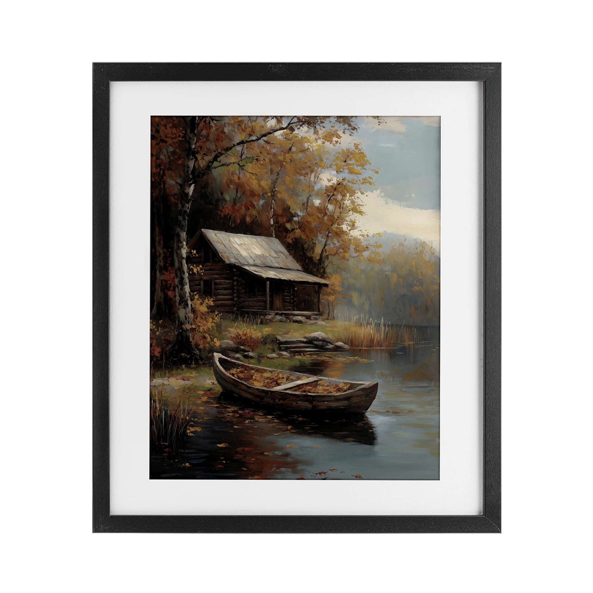 Autumn Cabin Canoe with Leaves Black Framed Print Under Glass, design by Arlington Prints
