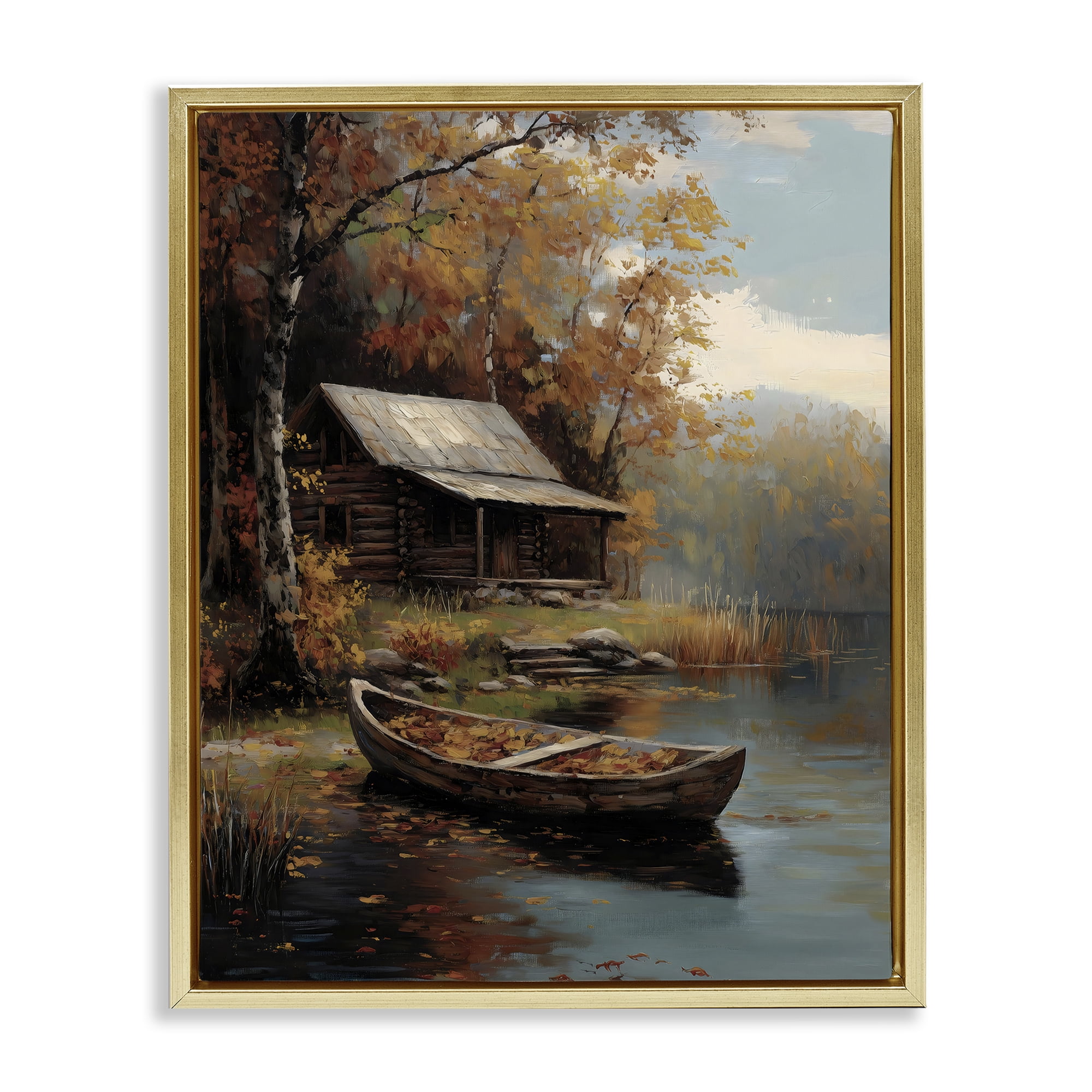 Autumn Cabin Canoe with Leaves Gold Framed Floater Canvas Wall Art, design by Arlington Prints