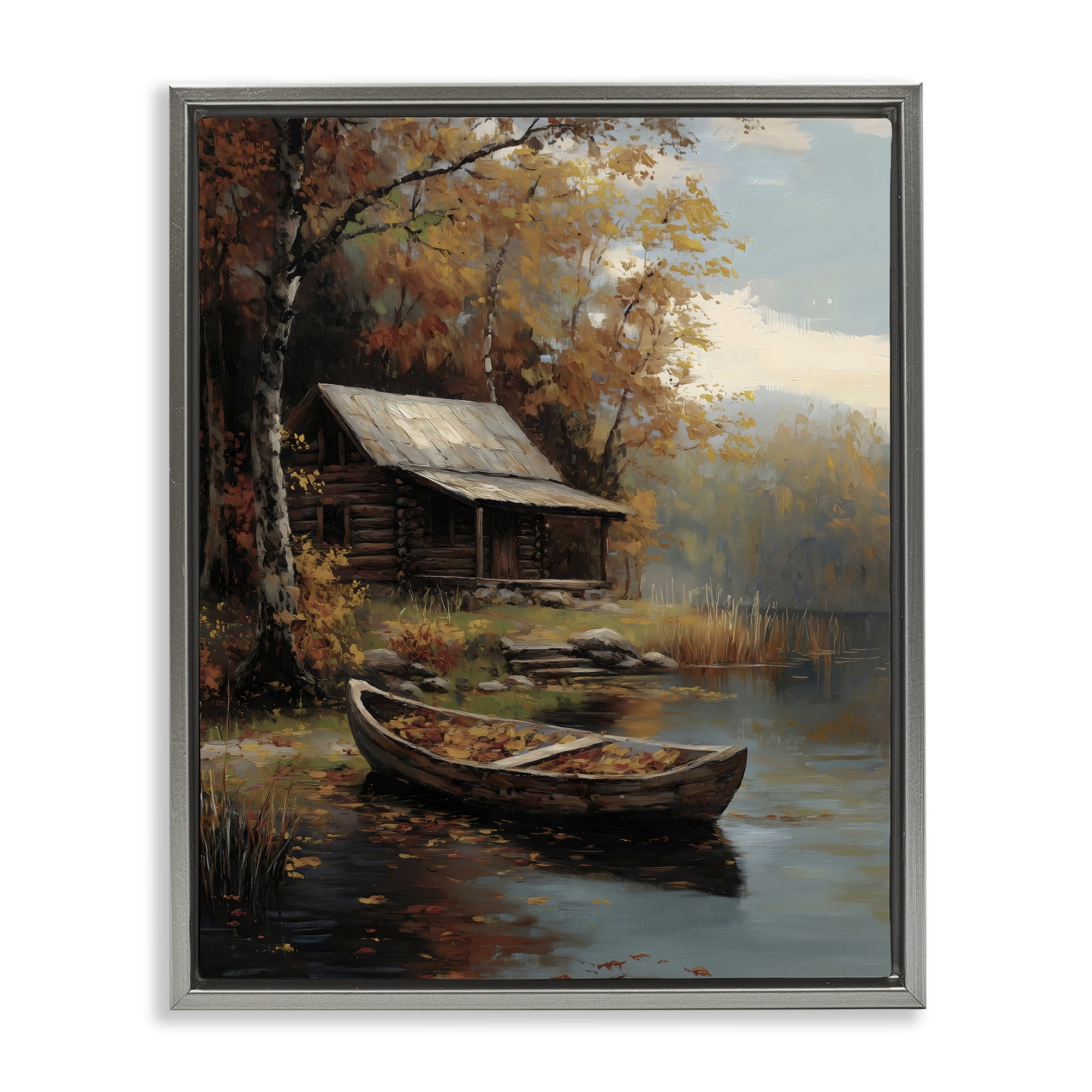 Autumn Cabin Canoe with Leaves Gray Framed Floater Canvas Wall Art, design by Arlington Prints