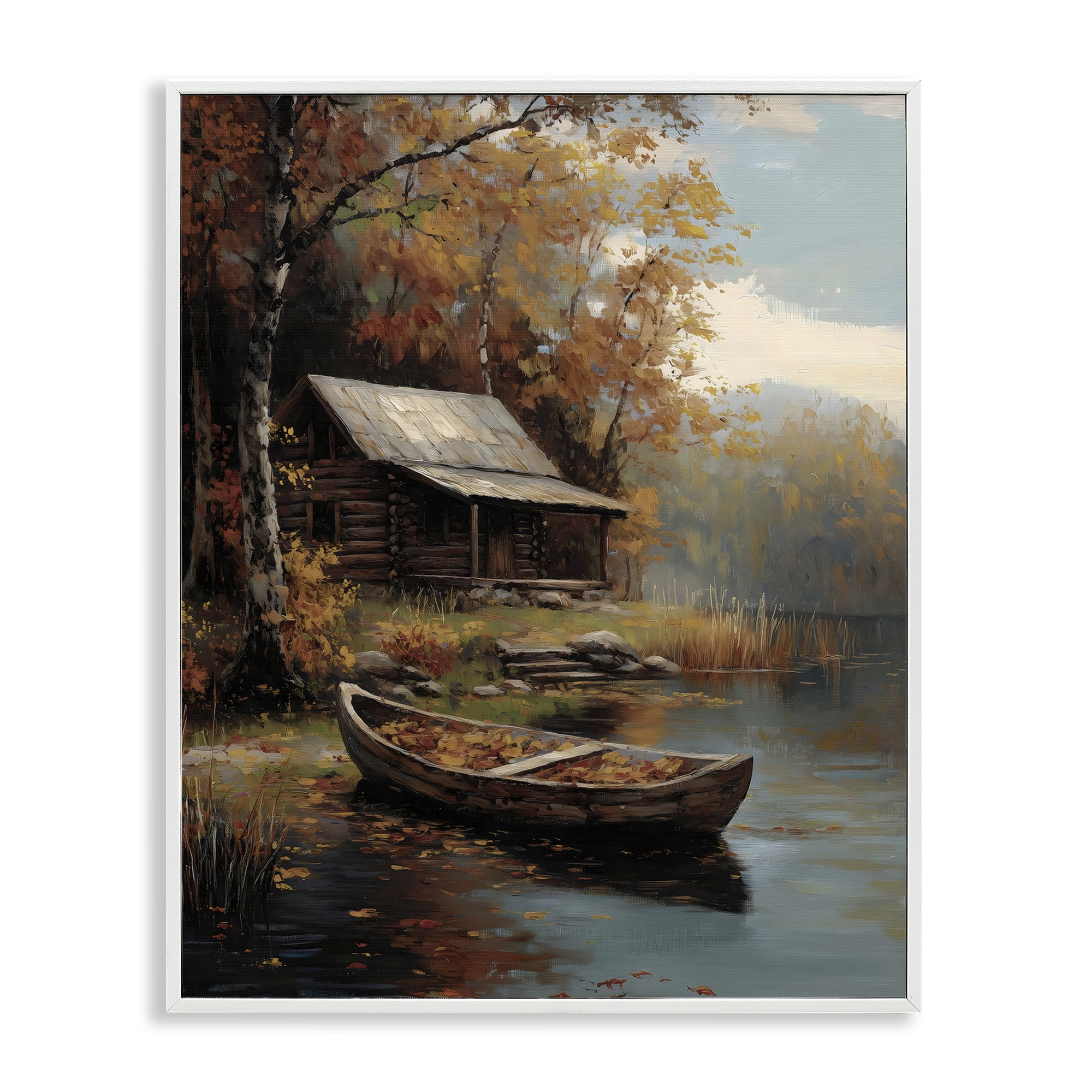 Autumn Cabin Canoe with Leaves White Framed Giclee Art, design by Arlington Prints