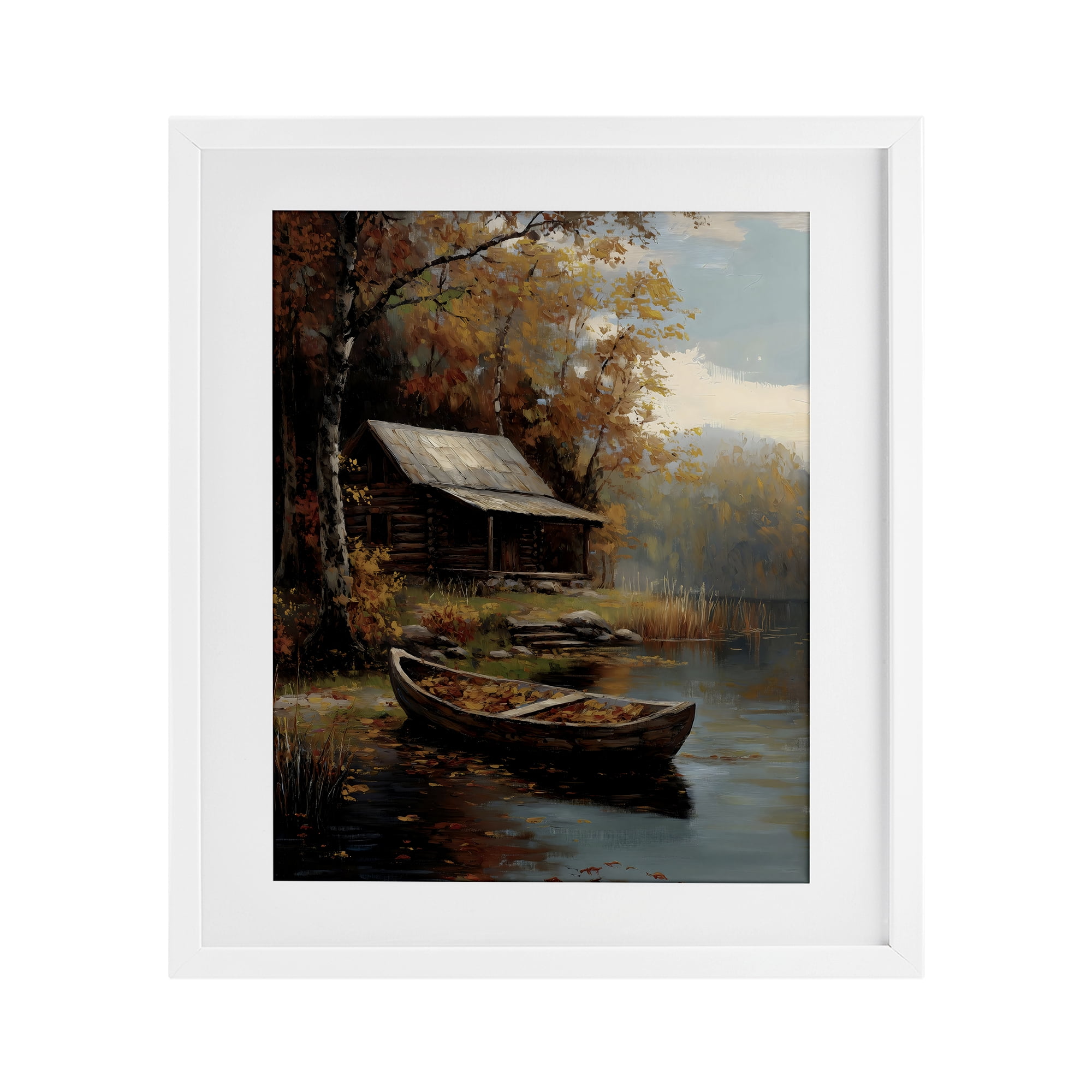 Autumn Cabin Canoe with Leaves White Framed Print Under Glass, design by Arlington Prints