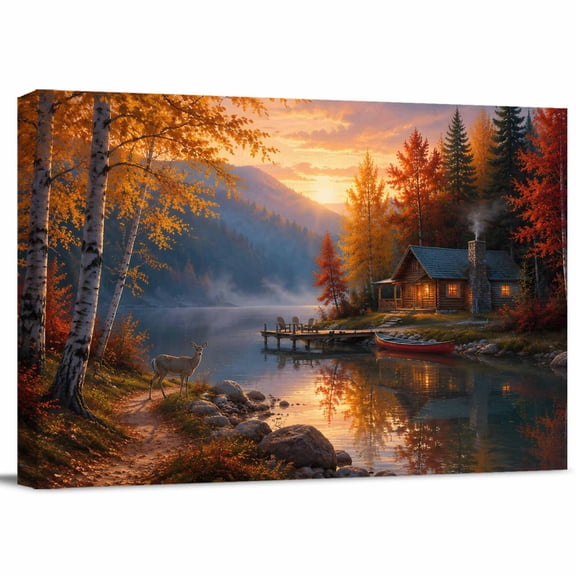 Autumn Cabin Canvas Print Wall Art, Rustic Country Deer Lake Pine Tree Sunset Landscape Wall Decor Modern Artwork Paintings Pictures for Living Room Stretched and Framed Ready to Hang - 12" x 16"