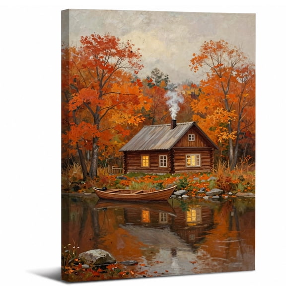 Autumn Cabin Canvas Wall Art Framed,Fall Log Cabin Lake Boat Forest Landscape canvas print for bathroom bedroom or living room decor,8x12in