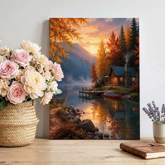 Autumn Cabin Canvas Wall Art, Rustic Country Deer Lake Pine Tree Sunset Landscape Framed Canvas Wall Decor Picture Print Artwork Decorations for Living Room Office Ready to Hang 24" x 18"