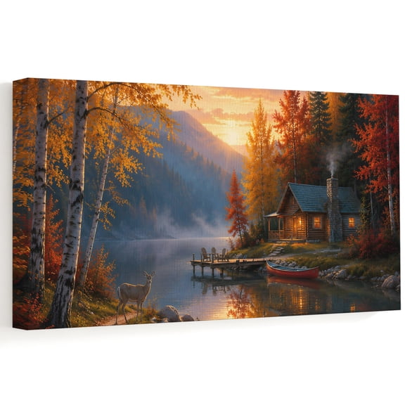 Autumn Cabin Canvas Wall Art, Rustic Country Deer Lake Pine Tree Sunset Landscape Wall Art Prints Artwork Framed Canvas Ready to Hang Art Pictures for Living Room Villa Entrance Lobby 40" x 20"