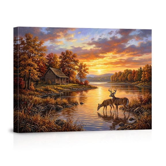 Autumn Cabin Deer Lake Rustic Fall Forest Wildlife Landscape For Living Room Bedroom Country Home Canvas